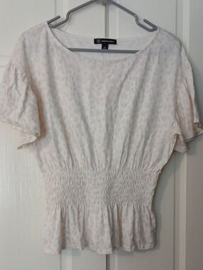 INC International Concepts Women's Cream Leopard-Print Smocked Waist Top